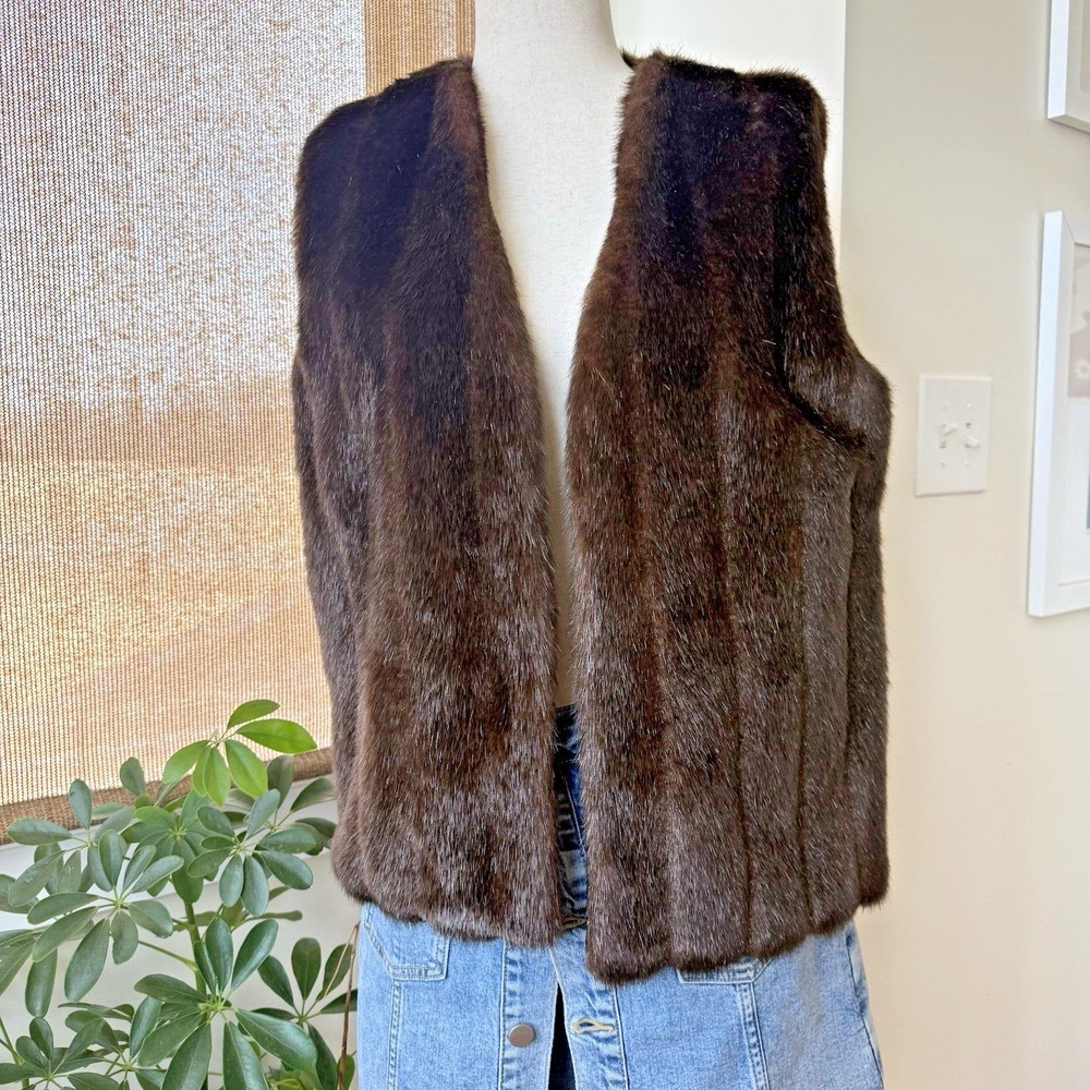 Custom Faux Fur Vest Women's‎ Large Chocolate Brown Reversible Black Dragon VTG